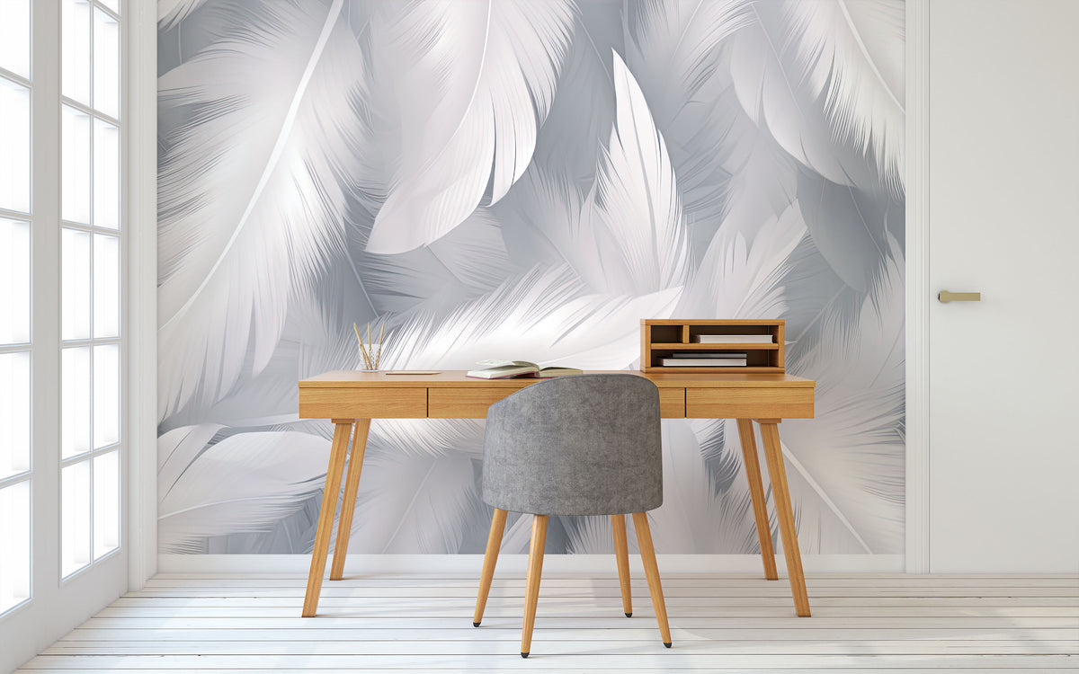 Dreamy White Feathers Wall Mural for Study Area