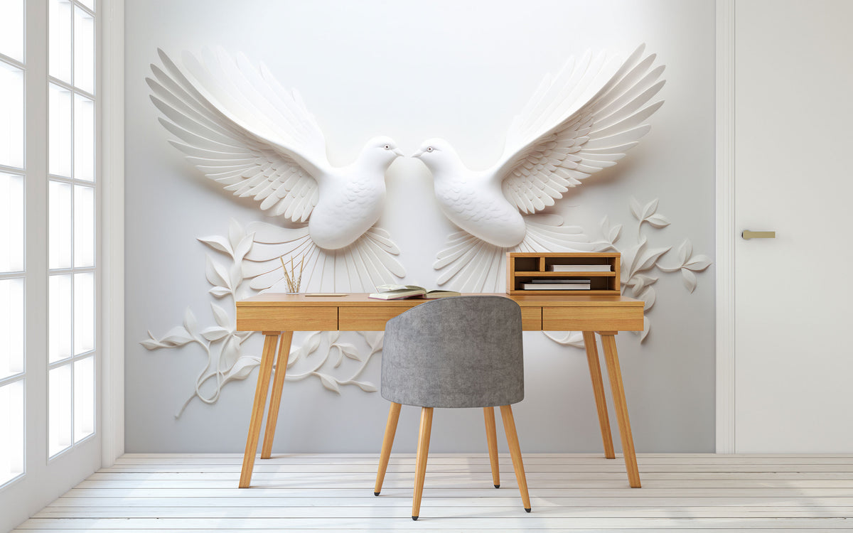 Elegant 3D Dove Birds Wallpaper Mural for Study Area / Office / Home Office