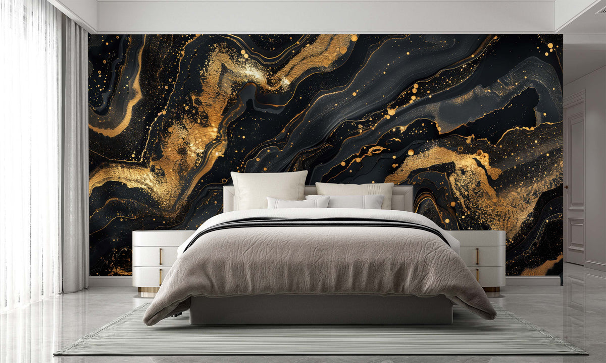 Elegant Black and Gold Abstract Marble Wall Mural for Bedroom
