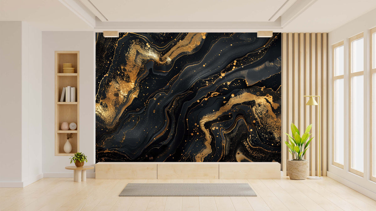 Elegant Black and Gold Abstract Marble Wall Mural for Living Area