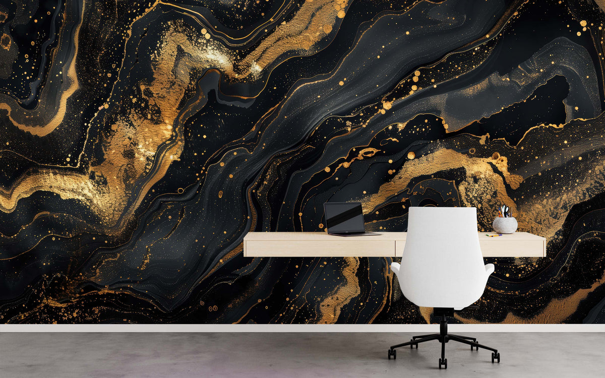 Elegant Black and Gold Abstract Marble Wall Mural for Study Area
