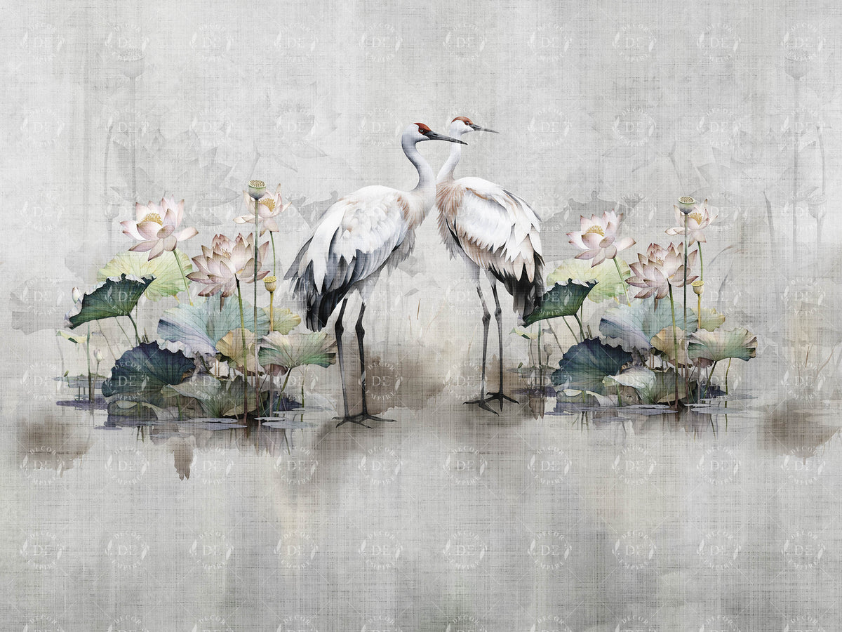 Elegant Cranes and Lotus Lake Wall Mural