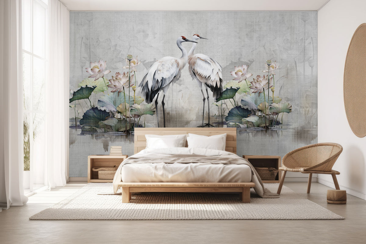 Elegant Cranes and Lotus Lake Wall Mural for Bedroom