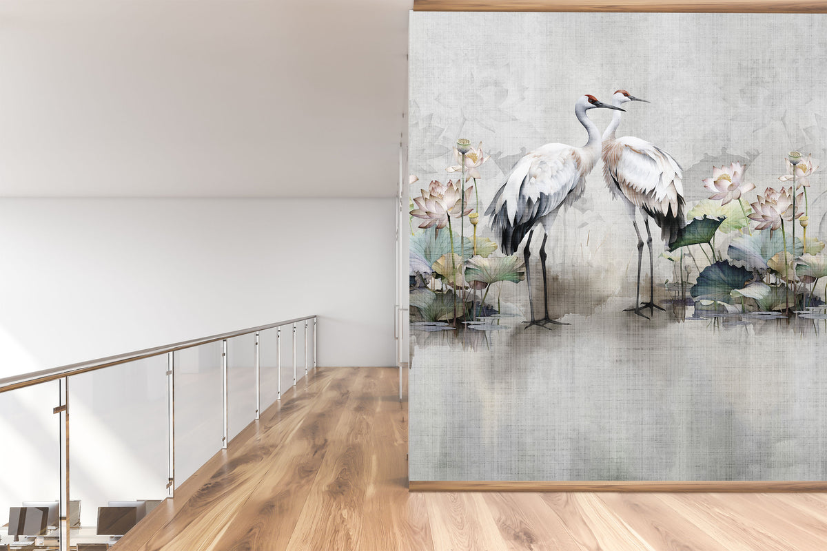 Elegant Cranes and Lotus Lake Wall Mural for Rumpus