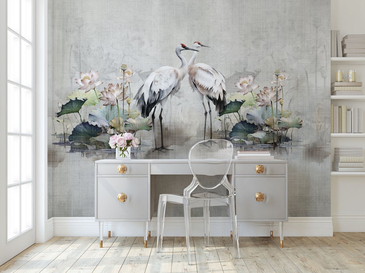 Elegant Cranes and Lotus Lake Wall Mural for Study Area