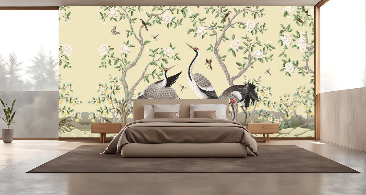 Elegant Peonies and Cranes Chinoiserie Wall Mural for Bedroom