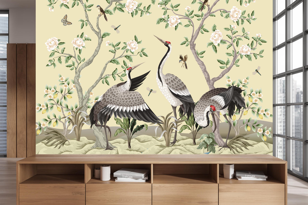 Elegant Peonies and Cranes Chinoiserie Wall Mural for Hallway