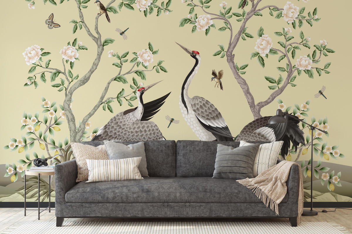 Elegant Peonies and Cranes Chinoiserie Wall Mural for Living Room