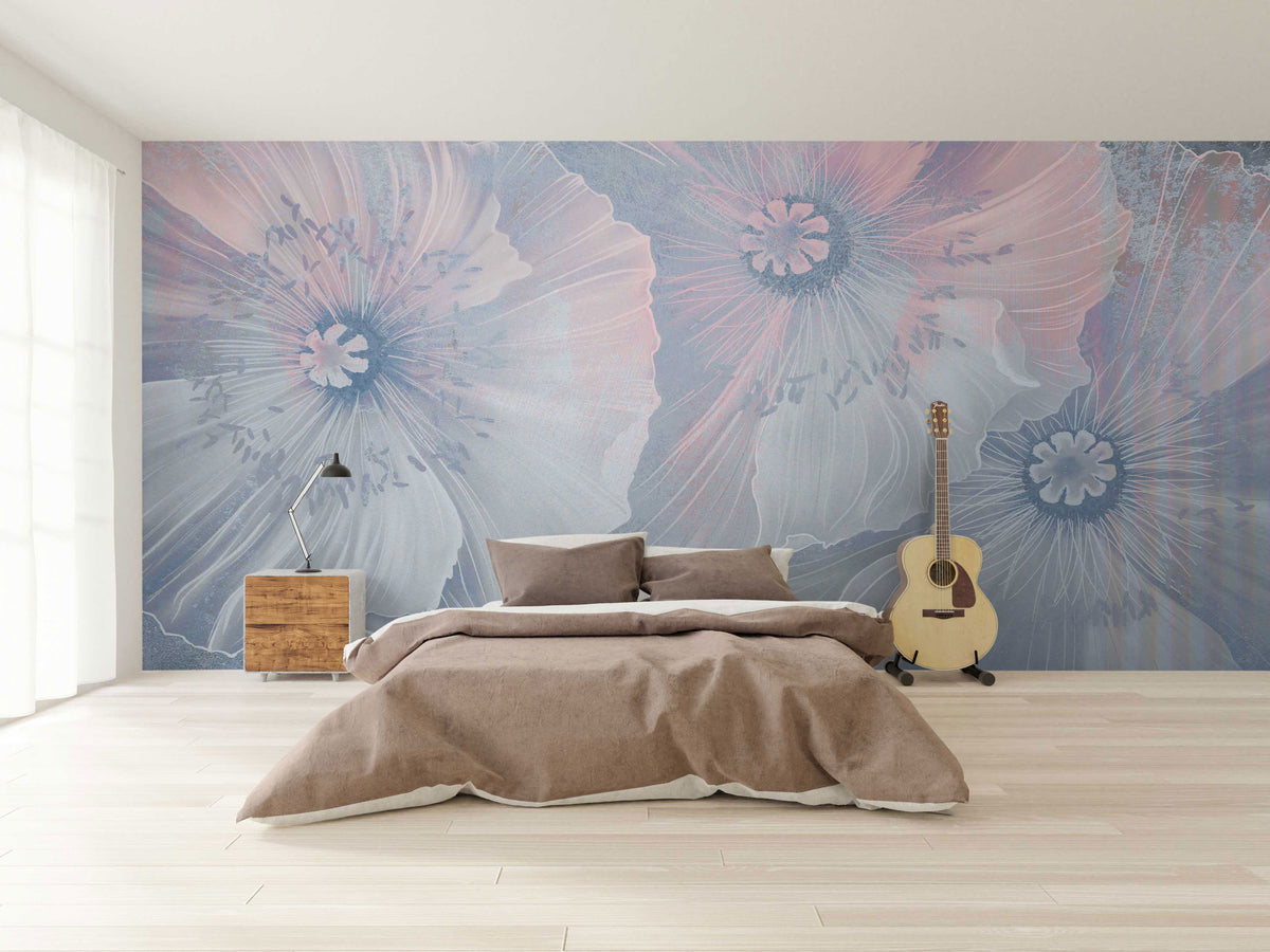 Elegant White-Blue Floral Wallpaper Mural for Bedroom