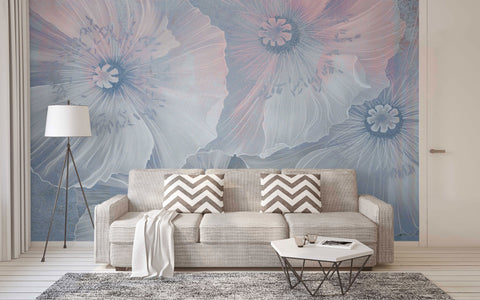 Elegant White-Blue Floral Wallpaper Mural for Living Room