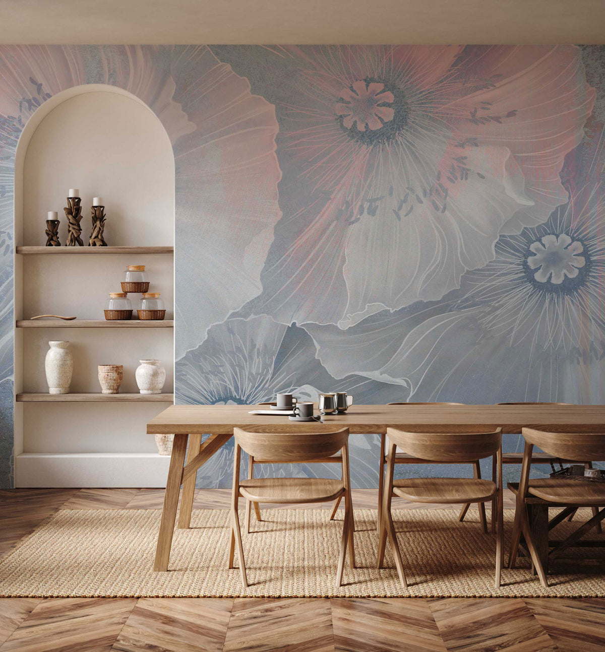 Elegant White-Blue Floral Wallpaper Mural for Dining Area