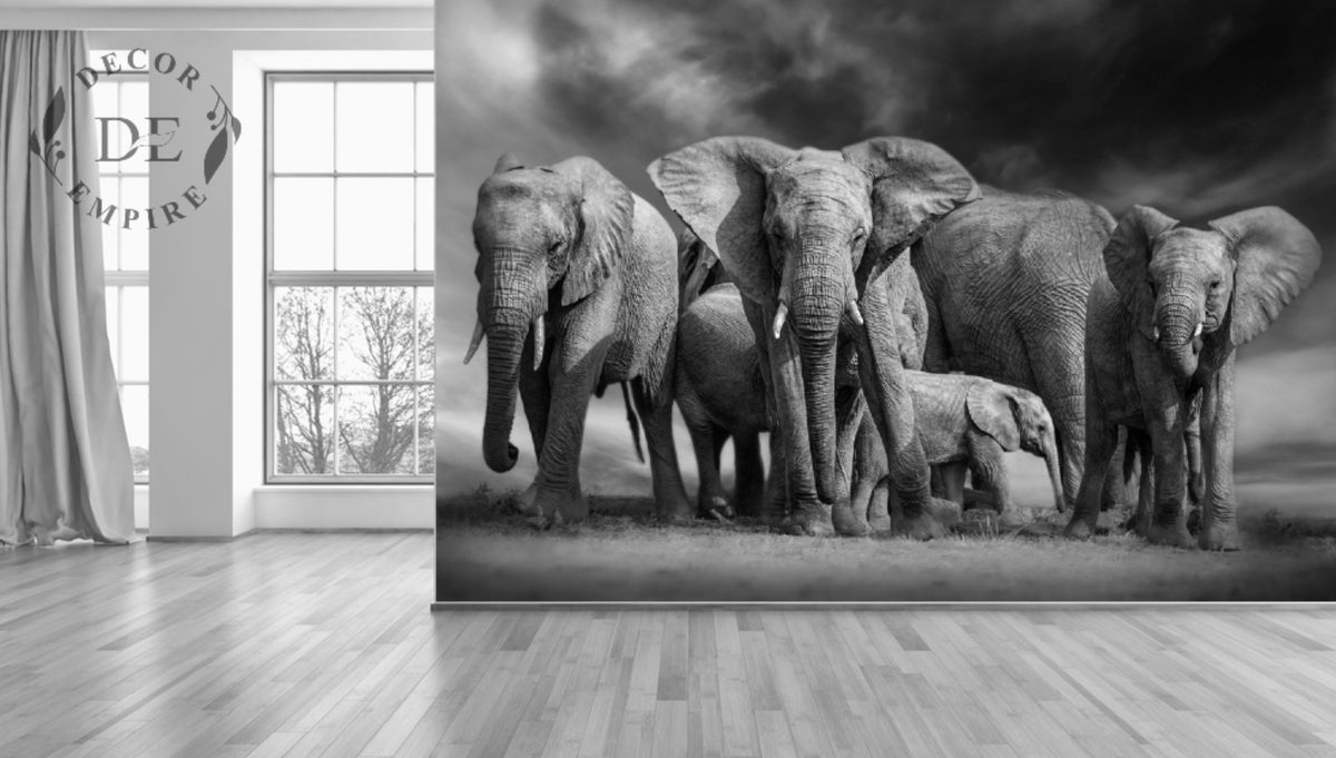 Herd of Elephants Monochrome Wallpaper Mural