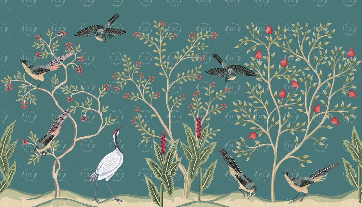 Exotic Birds and Floral Chinoiserie Wall Mural