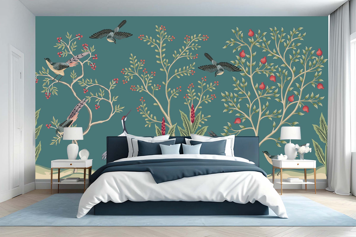 Exotic Birds and Floral Chinoiserie Wall Mural for Bedroom