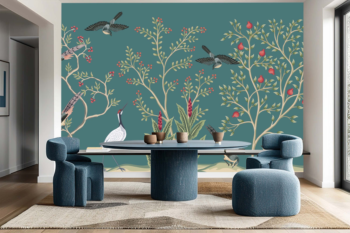 Exotic Birds and Floral Chinoiserie Wall Mural for Dining Room