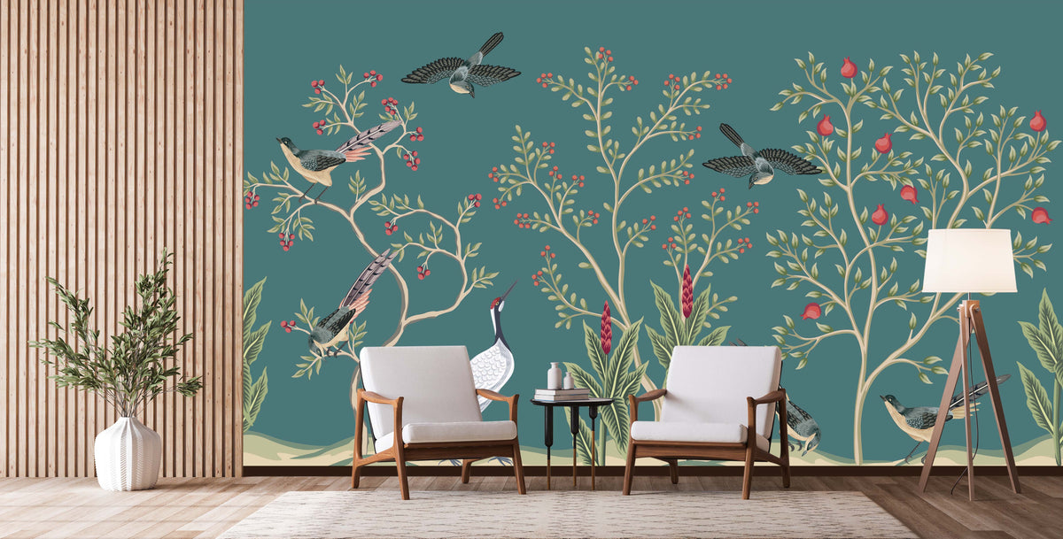 Exotic Birds and Floral Chinoiserie Wall Mural for Living Room