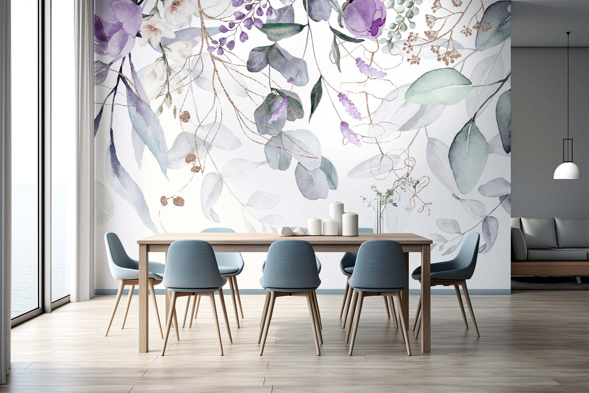 Golden Violet Bloom Wallpaper Mural for Dining Area