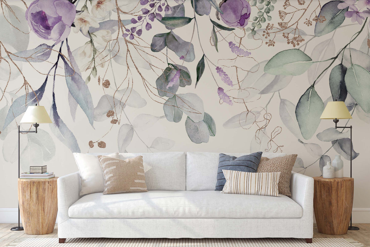 Golden Violet Bloom Wallpaper Mural for Living Area