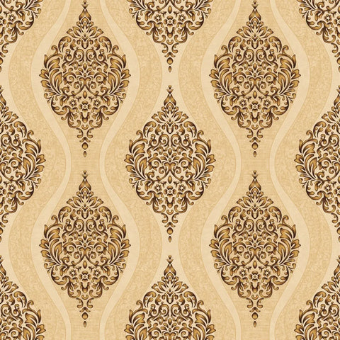 Modern Light Brown and Brass Damask Wallpaper - 11235