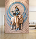 Lord Krishna Playing Flute with Cow Wallpaper Mural for Living Room