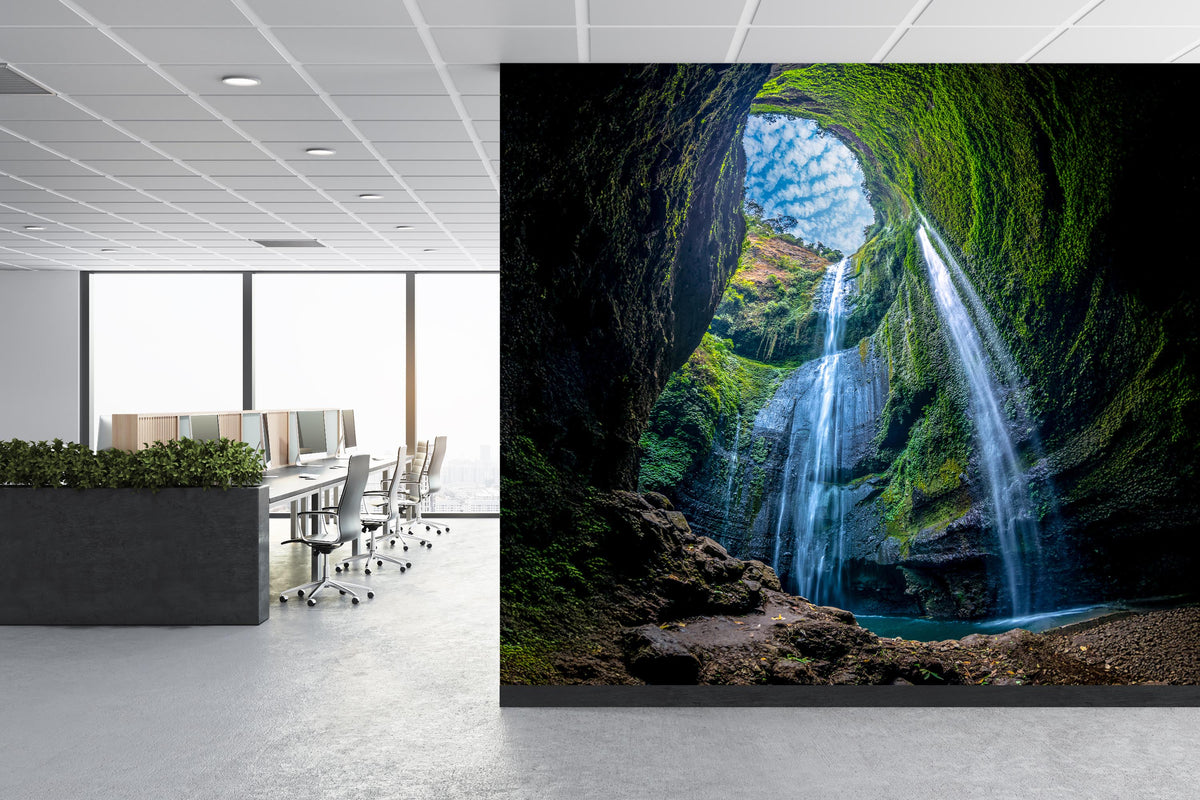 Lush Waterfall Jungle Wall Mural for Office Space