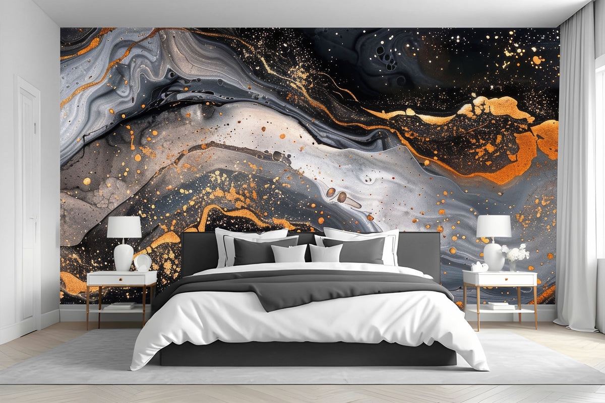 Luxurious Abstract Black and Gold Earthy Wall Mural for Bedroom