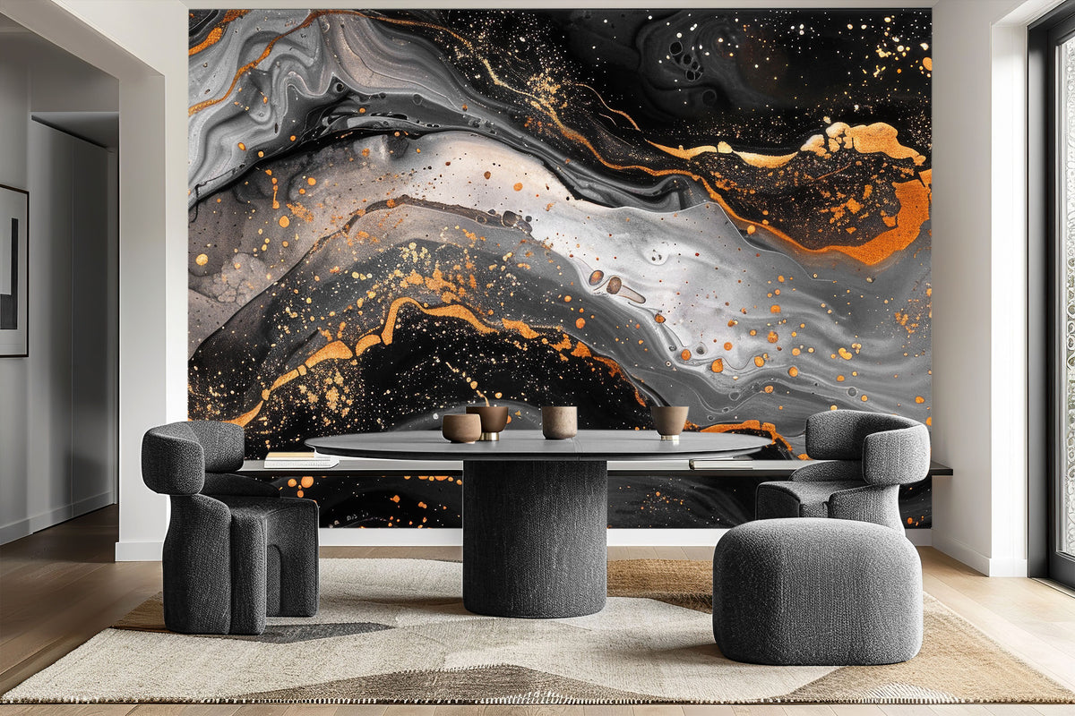 Luxurious Abstract Black and Gold Earthy Wall Mural for Dining Area