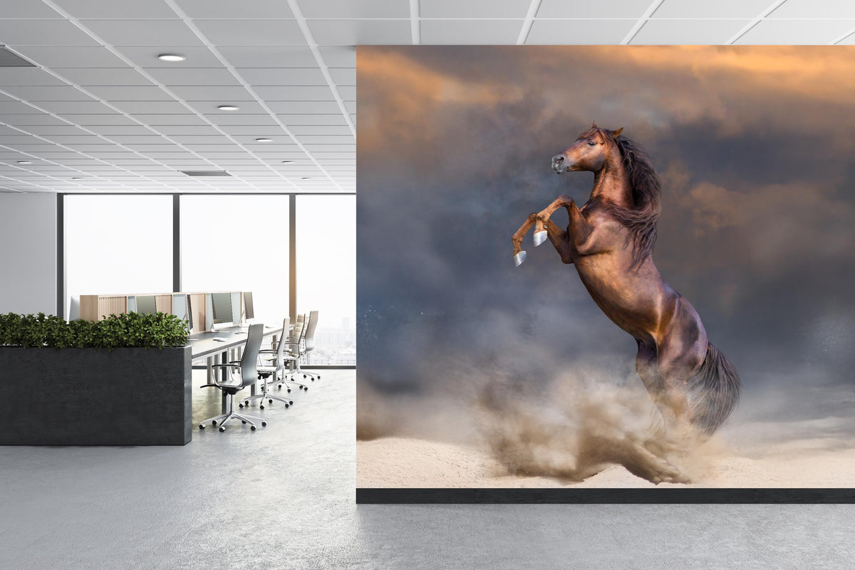 Majestic Red Stallion Rearing at Sunset Wall Mural for Office