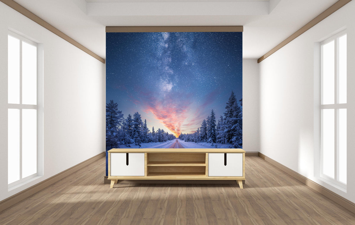 Milky Way and Sunrise Forest Wall Mural for Living Area