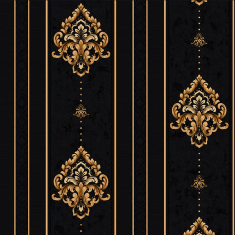 Royal Damask Stripes Wallpaper – Black / Gold - 11233