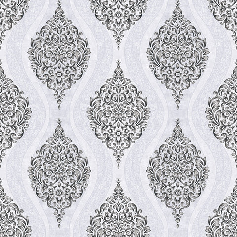 Modern Light Grey and Black Silver Damask Wallpaper - 11231