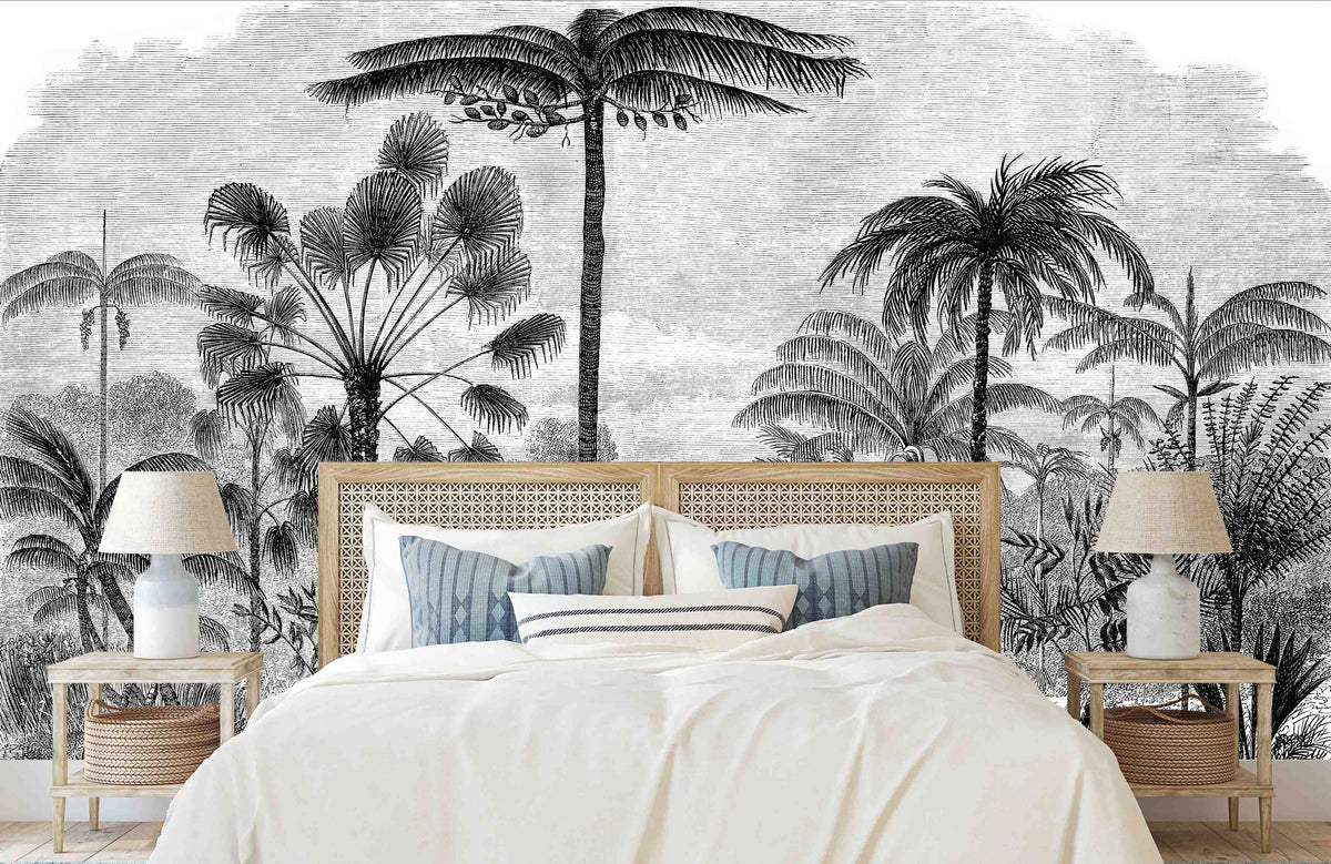 Palm Tree Jungle Monochrome Wallpaper Mural for Bedroom