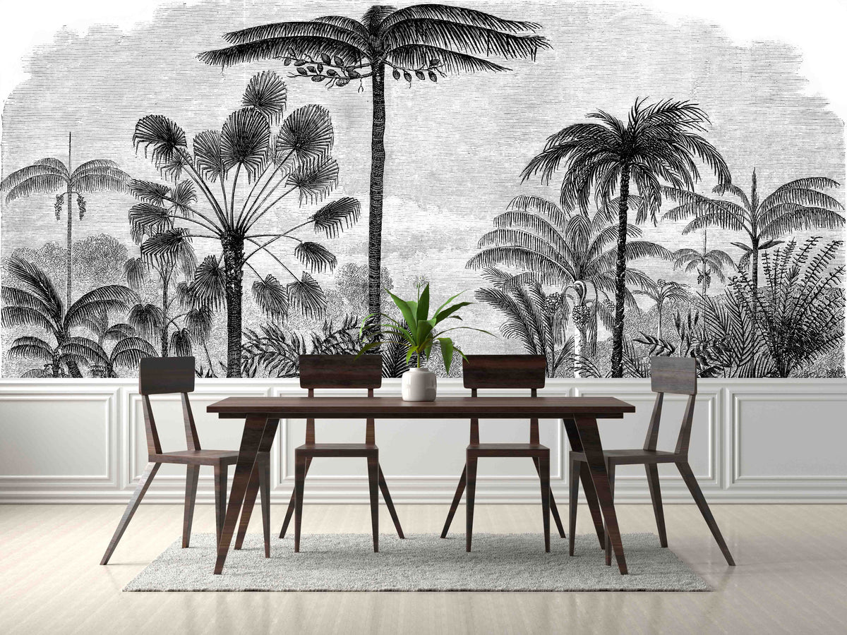 Palm Tree Jungle Monochrome Wallpaper Mural for Dining Area