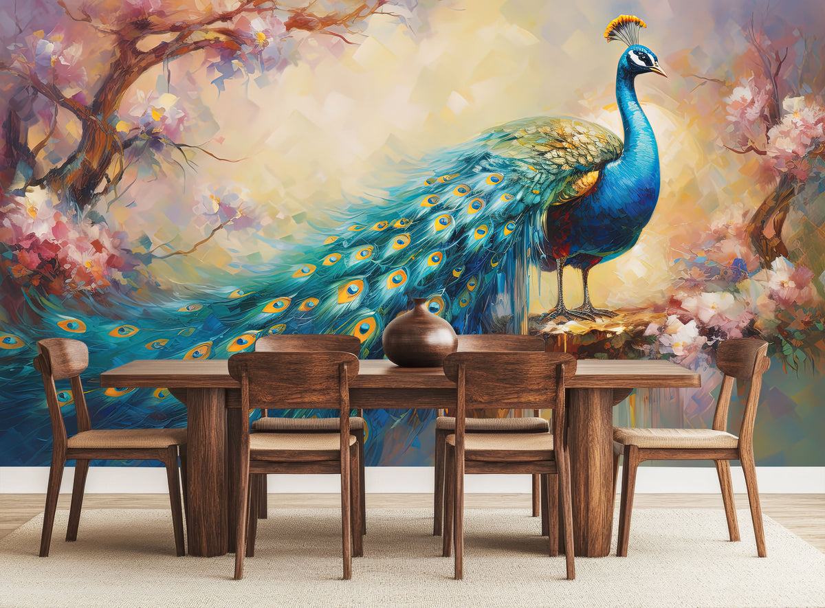 Peacock and Floral Harmony Wall Mural for Dining Room