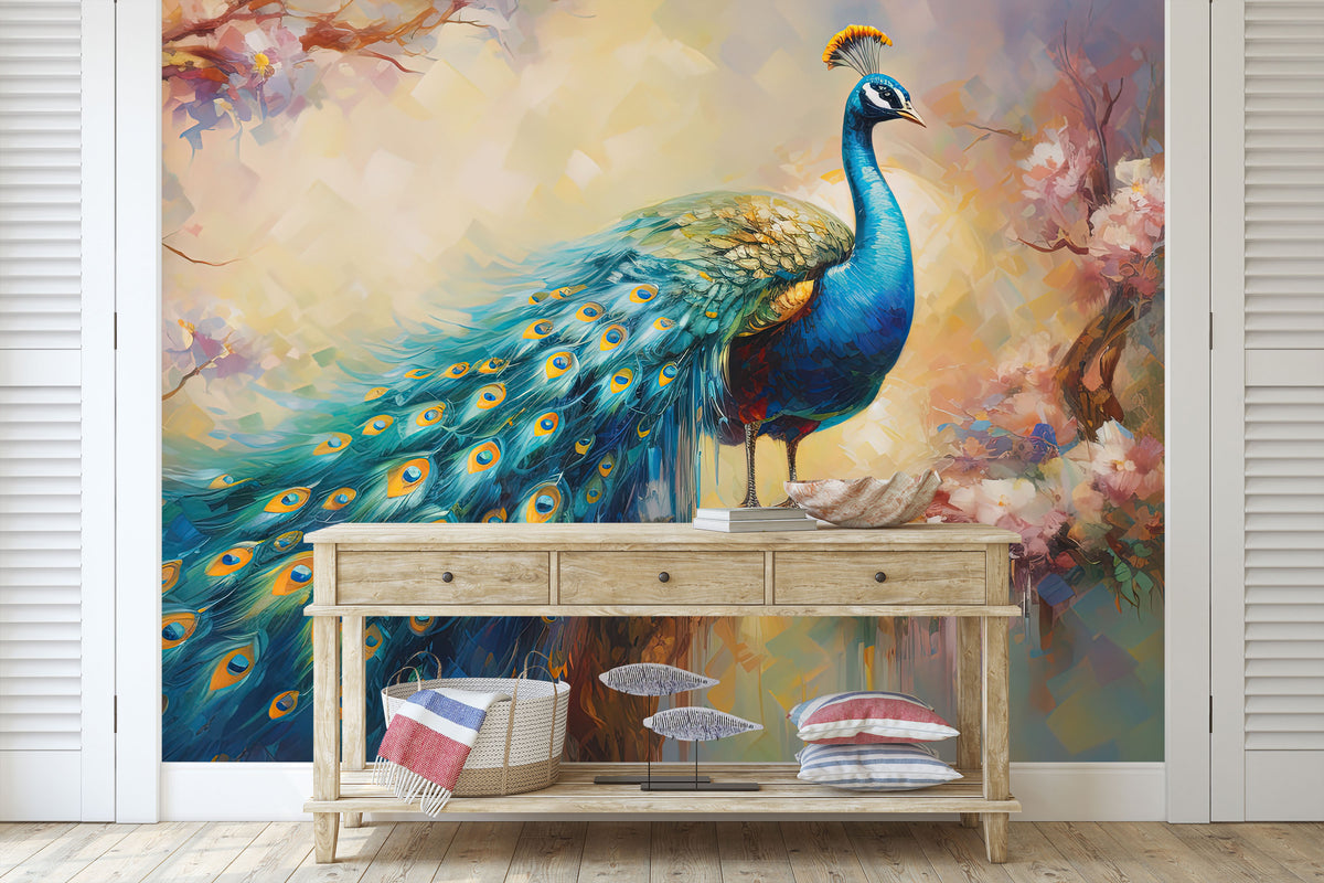 Peacock and Floral Harmony Wall Mural for Hallway
