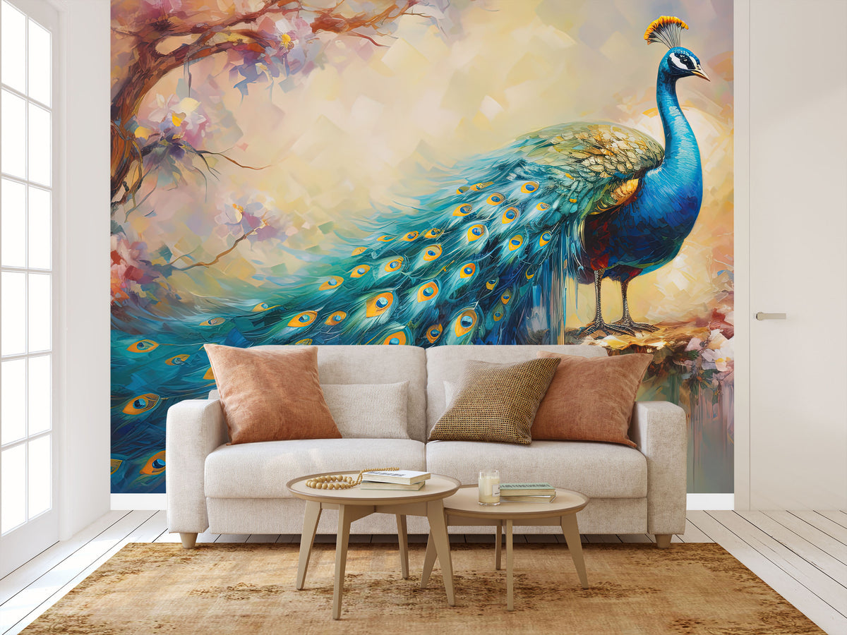 Peacock and Floral Harmony Wall Mural for Living Room