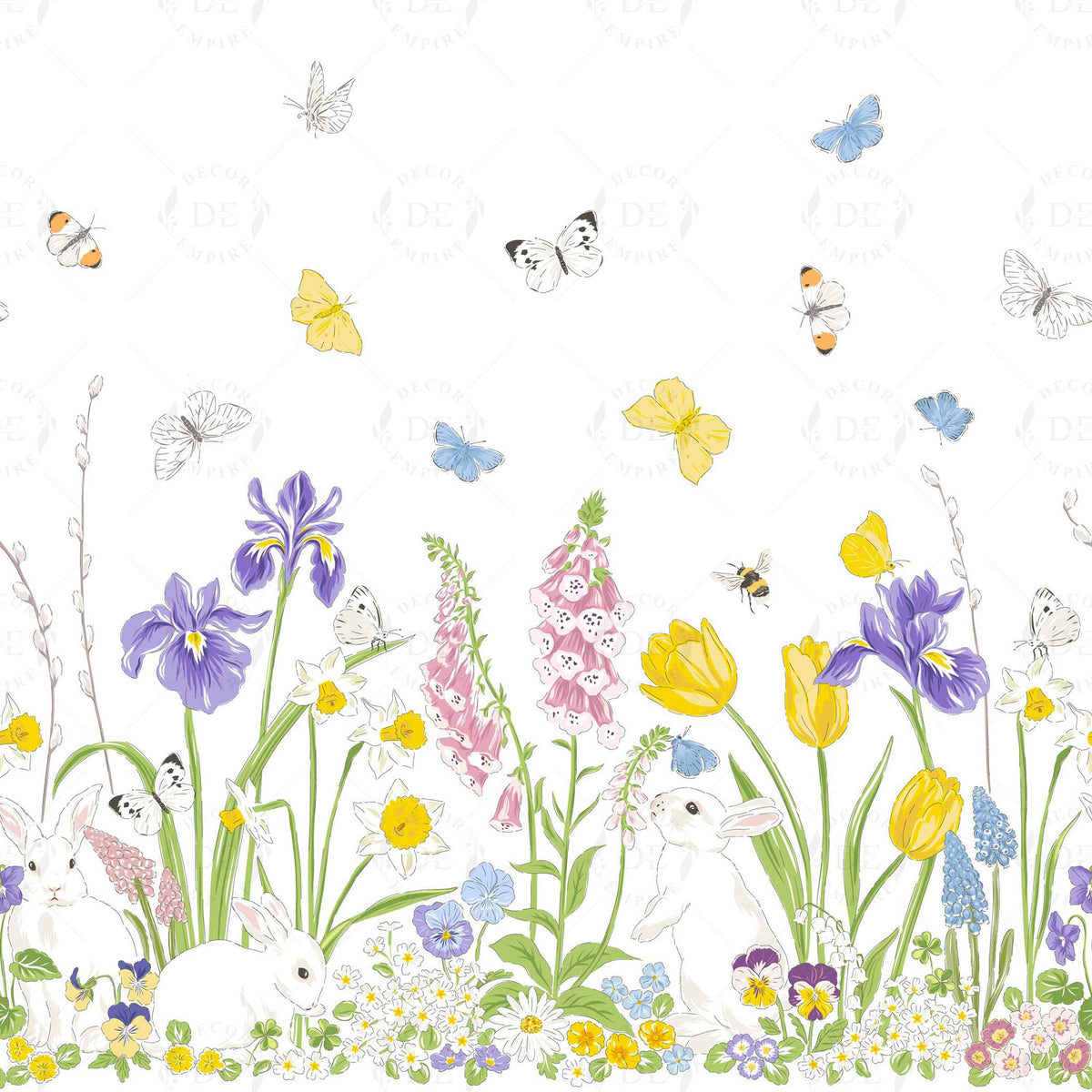 Rabbits and Butterflies in Floral Garden Wallpaper Mural