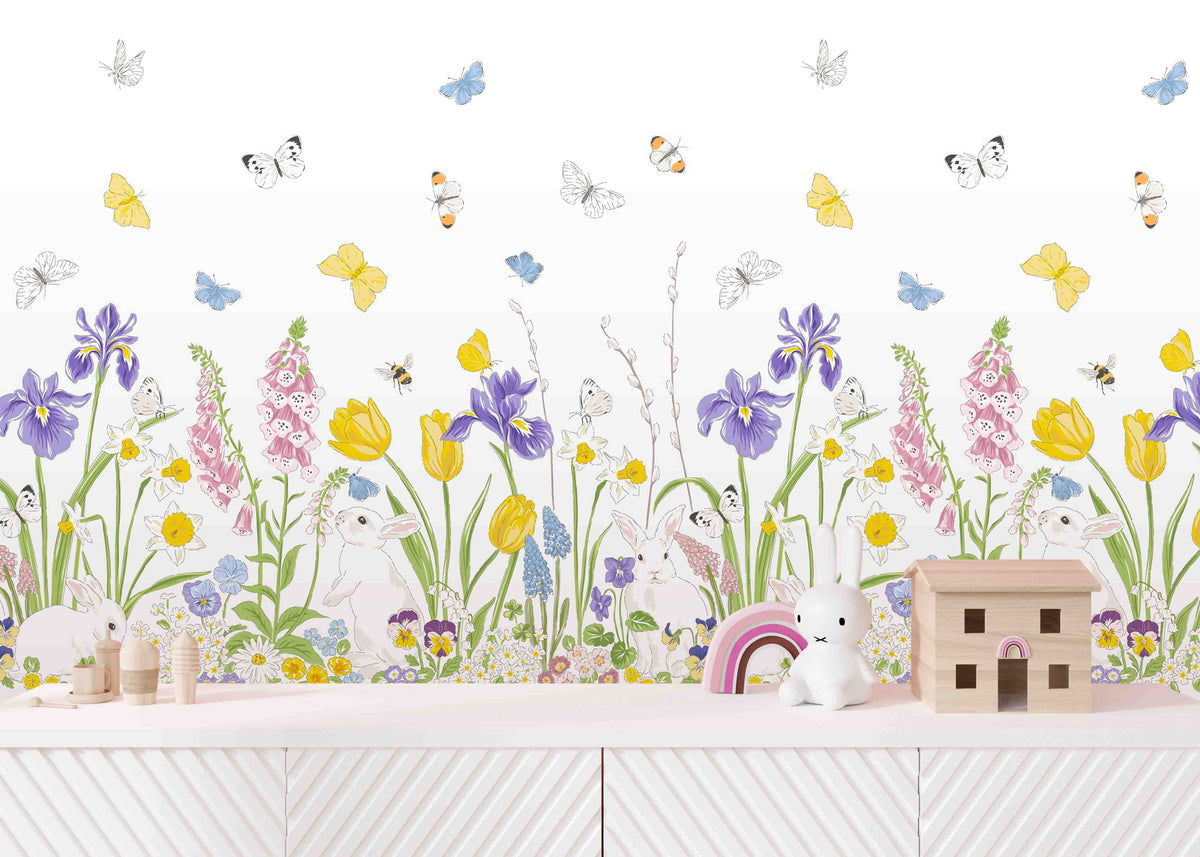 Rabbits and Butterflies in Floral Garden Wallpaper Mural for Kids Room