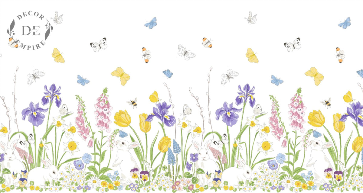 Rabbits and Butterflies in Floral Garden Wallpaper Mural