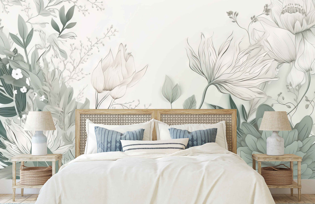 Serene White and Green Floral Wall Mural for Bedroom