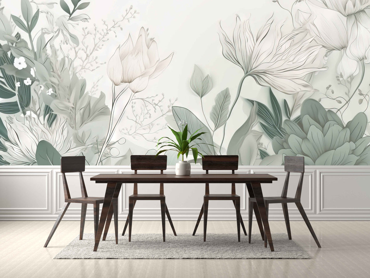 Serene White and Green Floral Wall Mural for Dining Room