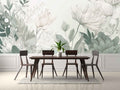 Serene White and Green Floral Wall Mural for Dining Room