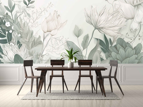 Serene White and Green Floral Wall Mural for Dining Room