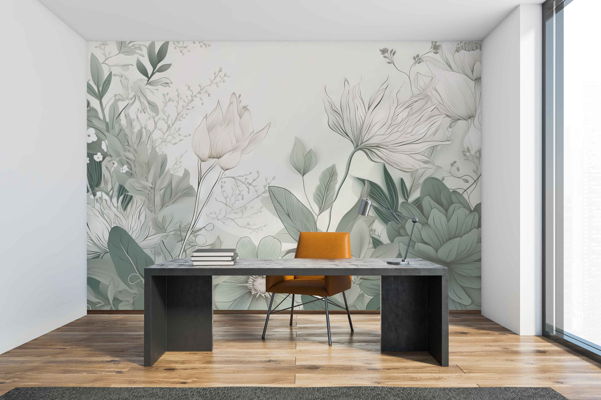 Serene White and Green Floral Wall Mural for Home Office
