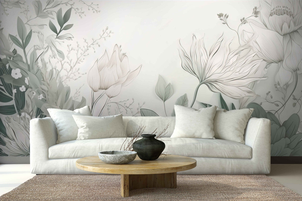Serene White and Green Floral Wall Mural for Living Room