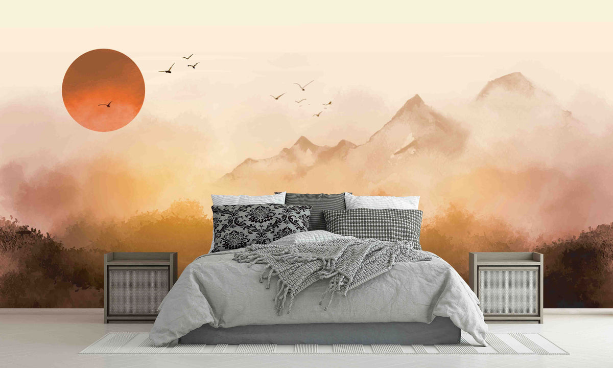 Sunrise Landscape with Mountains and Misty Forest Wallpaper Mural for Bedroom