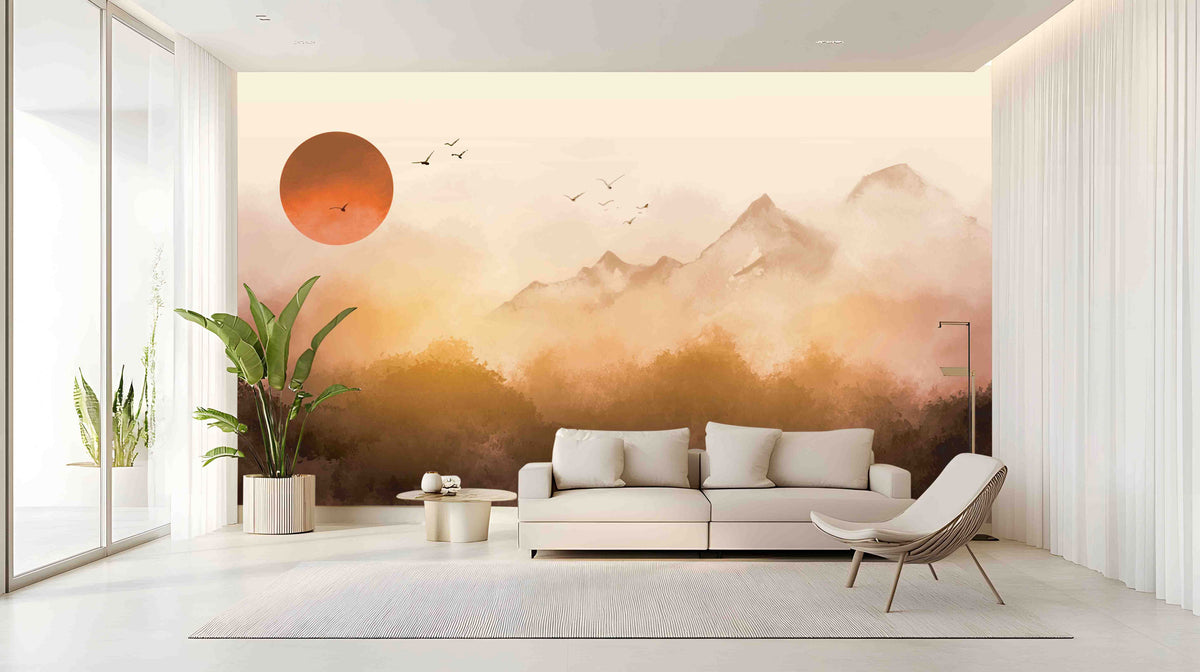 Sunrise Landscape with Mountains and Misty Forest Wallpaper Mural for Living Area