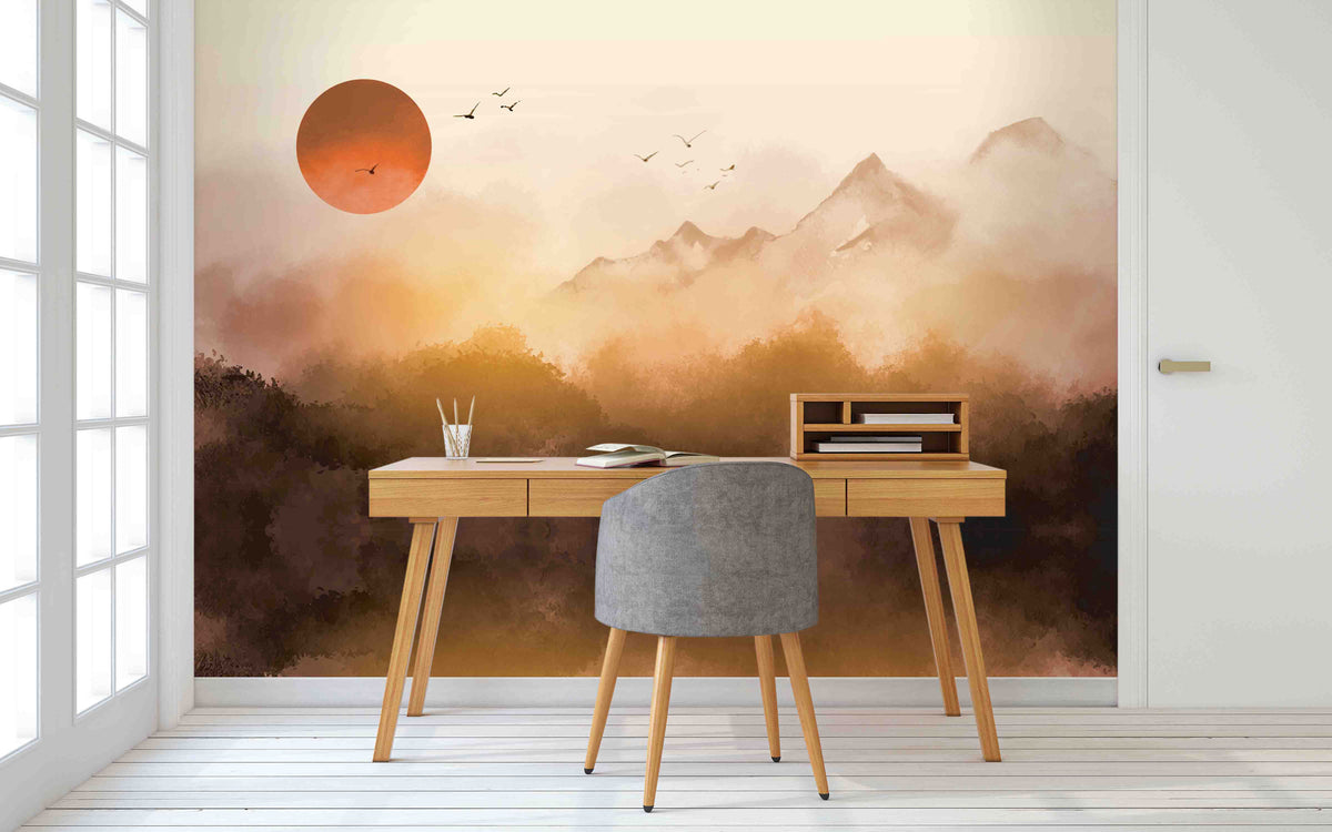 Sunrise Landscape with Mountains and Misty Forest Wallpaper Mural for Study Area