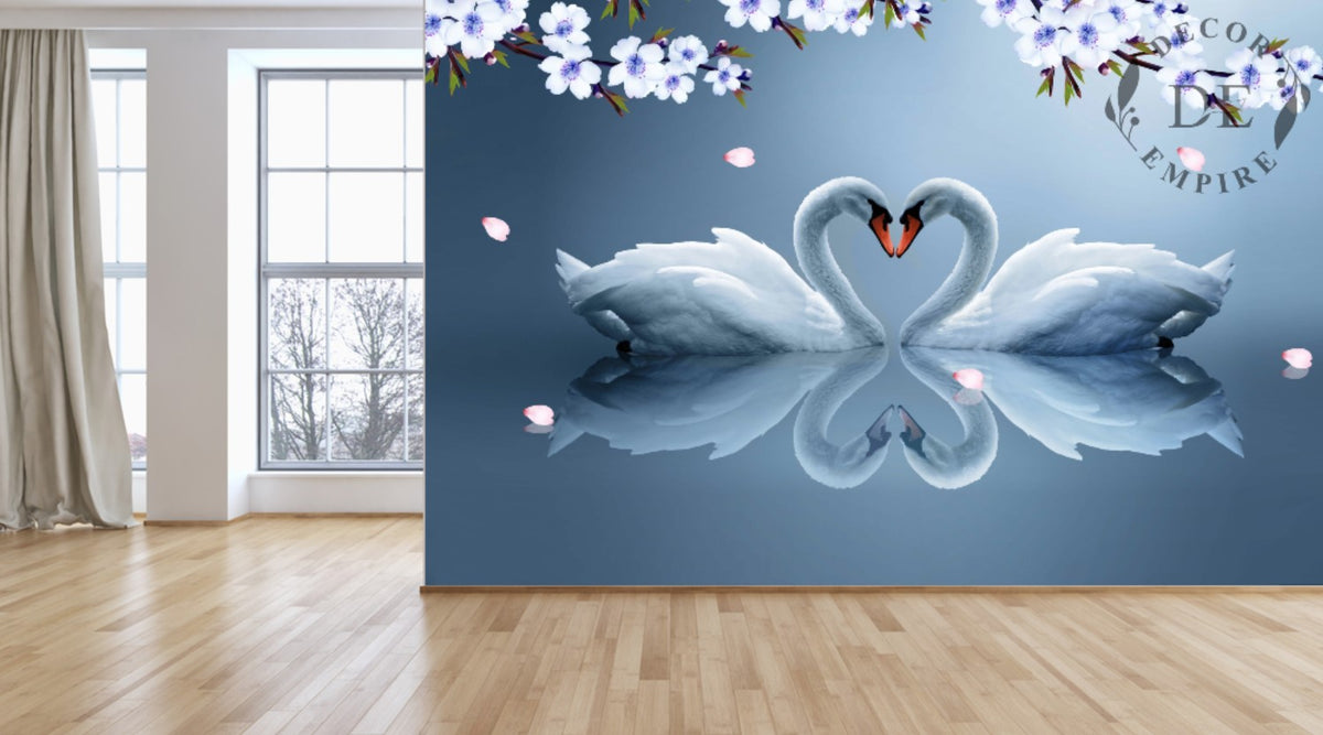 Swans Making Heart in the Lake Wallpaper Mural