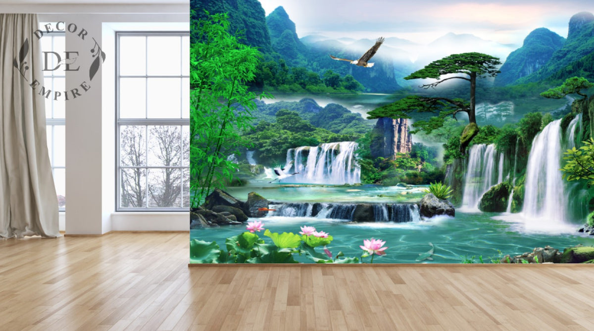 3D High Mountains with waterfall and birds at Sunset Wallpaper Mural